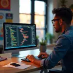 ИТ-специалист за ноутбуком, вносящий вклад в крупный Open Source проект, символы сотрудничества и возможностей заработка в IT
