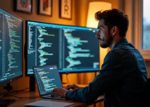 QA инженер фрилансер работает за ноутбуком с экранами тестирования и проектами