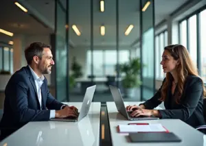 Senior-разработчик проводит техническое собеседование с кандидатом в современном офисе