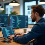 Python-код на ноутбуке, отображающий проекты по Data Science, веб-скрапингу и автоматизации, работа программиста в современном офисе