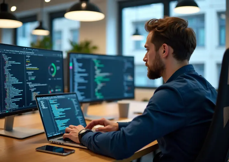 Python-код на ноутбуке, отображающий проекты по Data Science, веб-скрапингу и автоматизации, работа программиста в современном офисе
