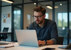 IT-специалист изучает NDA документ на фоне современных технологий и идей для подработки и стартапов