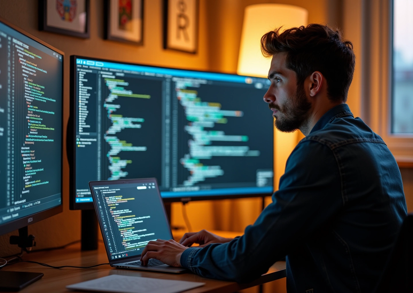 QA инженер фрилансер работает за ноутбуком с экранами тестирования и проектами