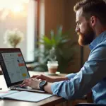 Программист за ноутбуком в светлом офисе, на столе заметки и схемы, вокруг иконки SaaS, AI, open source и символ рубля — иллюстрация идей полезного pet‑проекта 2025