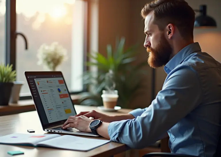 Программист за ноутбуком в светлом офисе, на столе заметки и схемы, вокруг иконки SaaS, AI, open source и символ рубля — иллюстрация идей полезного pet‑проекта 2025