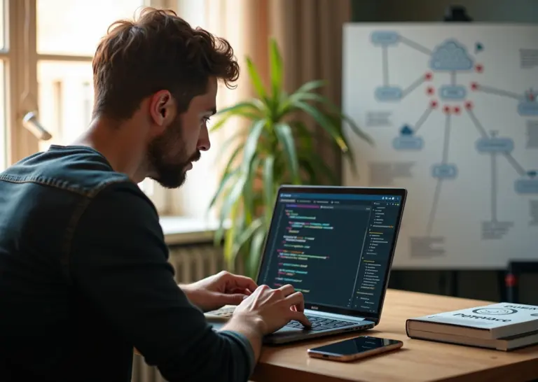 Программист за ноутбуком с кодом и диаграммой архитектуры, наклейки Docker и React, смартфон с интерфейсом приложения на столе