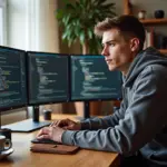Молодой программист‑фрилансер за ноутбуком в домашнем офисе, на экранах код и страница фриланс‑платформы, рядом блокнот и чашка кофе
