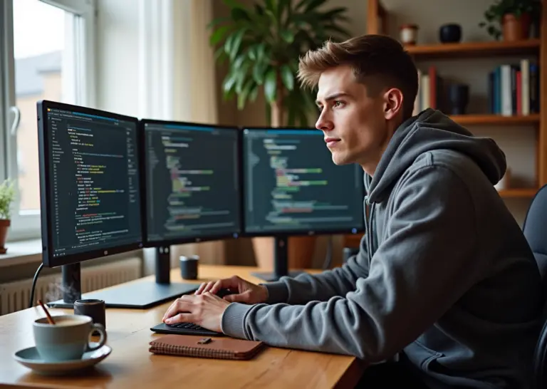 Молодой программист‑фрилансер за ноутбуком в домашнем офисе, на экранах код и страница фриланс‑платформы, рядом блокнот и чашка кофе