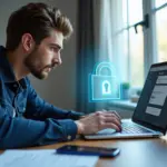 IT‑специалист за ноутбуком проверяет заказ на фриланс‑бирже, рядом смартфон с уведомлением и бумажный договор, поверх экрана полупрозрачный замок и предупреждение о мошенничестве