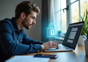 IT‑специалист за ноутбуком проверяет заказ на фриланс‑бирже, рядом смартфон с уведомлением и бумажный договор, поверх экрана полупрозрачный замок и предупреждение о мошенничестве