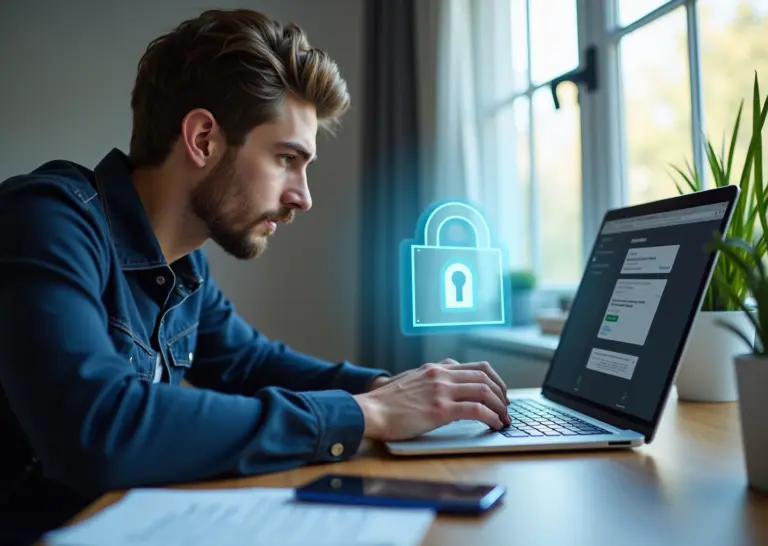 IT‑специалист за ноутбуком проверяет заказ на фриланс‑бирже, рядом смартфон с уведомлением и бумажный договор, поверх экрана полупрозрачный замок и предупреждение о мошенничестве