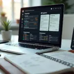 Фрилансер за ноутбуком с интерфейсом no‑code и мобильным приложением на экране, заметки с ценами и рублёвые монетки