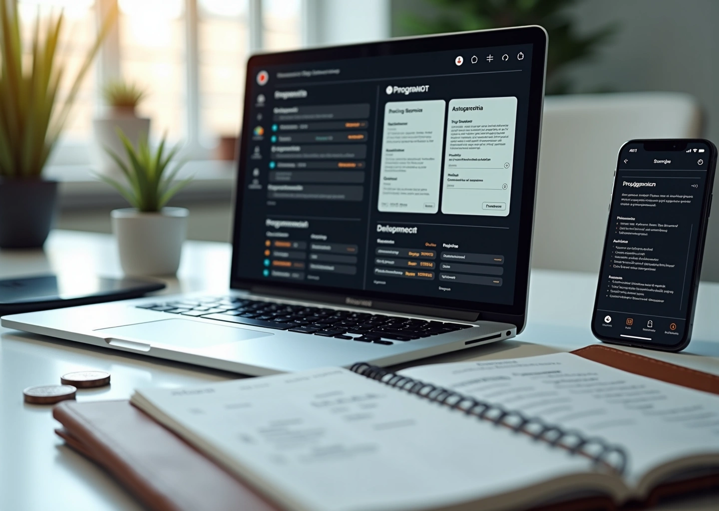 Фрилансер за ноутбуком с интерфейсом no‑code и мобильным приложением на экране, заметки с ценами и рублёвые монетки