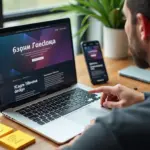 Рабочая сцена IT‑специалиста: ноутбук с портфолио и репозиторием, смартфон с фриланс‑площадкой, заметки и кофе на столе