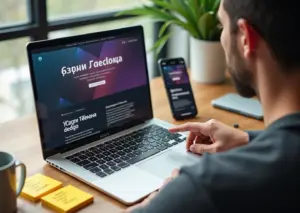 Рабочая сцена IT‑специалиста: ноутбук с портфолио и репозиторием, смартфон с фриланс‑площадкой, заметки и кофе на столе