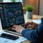 IT специалист за ноутбуком с открытыми интерфейсами краудсорсинговых платформ, иконки Toloka, HackerOne, Kaggle и графики дохода