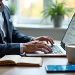 IT‑специалист за рабочим столом набирает холодное письмо на ноутбуке; на столе смартфон с иконками Telegram и LinkedIn, блокнот с заметками и чашка кофе