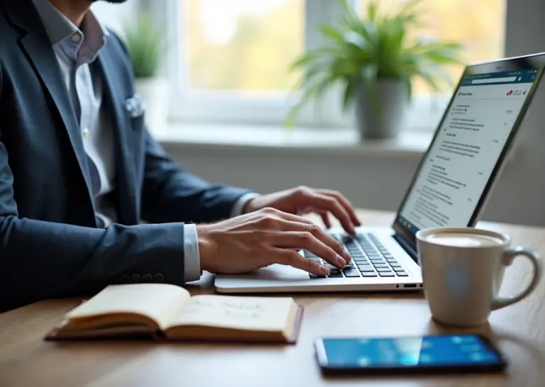 IT‑специалист за рабочим столом набирает холодное письмо на ноутбуке; на столе смартфон с иконками Telegram и LinkedIn, блокнот с заметками и чашка кофе