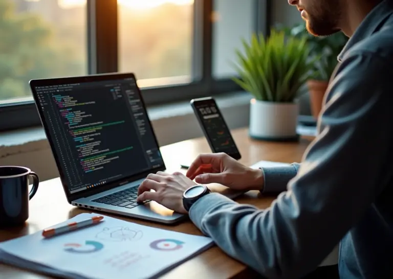Современное рабочее место программиста с ноутбуком, смартфоном и заметками, иллюстрирующее варианты подработки для IT-специалистов в России