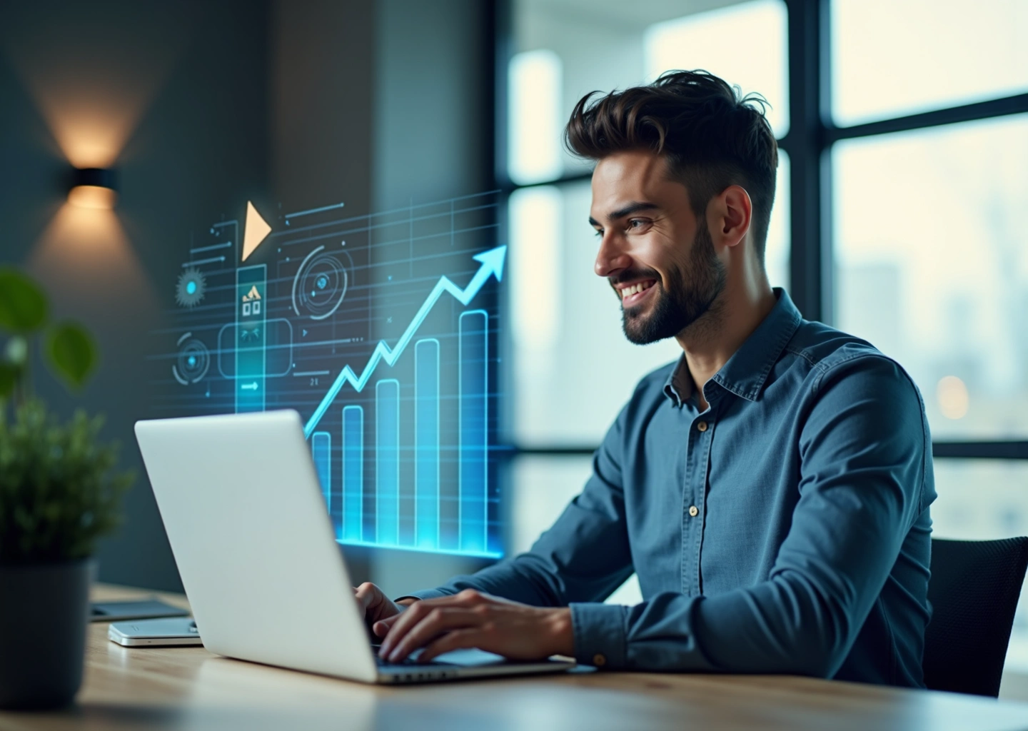 Фрилансер IT-специалист уверенно работает за ноутбуком в современном офисе, символы роста и положительных отзывов