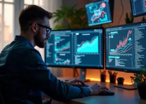 Современное рабочее место разработчика API с графиками сетевых соединений, облачными серверами и символами пассивного дохода в российском IT-контексте