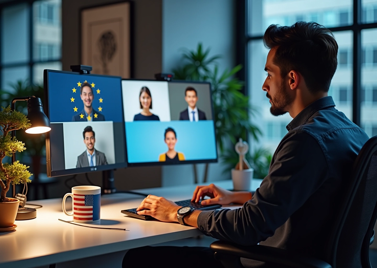 Офис IT-специалиста, взаимодействующего с заказчиками из США, Европы и Азии через видеозвонки и цифровые устройства