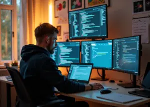 Современный рабочий стол российского IT-специалиста с ноутбуком, экранами с кодом, планами проектов и схемами стартапов