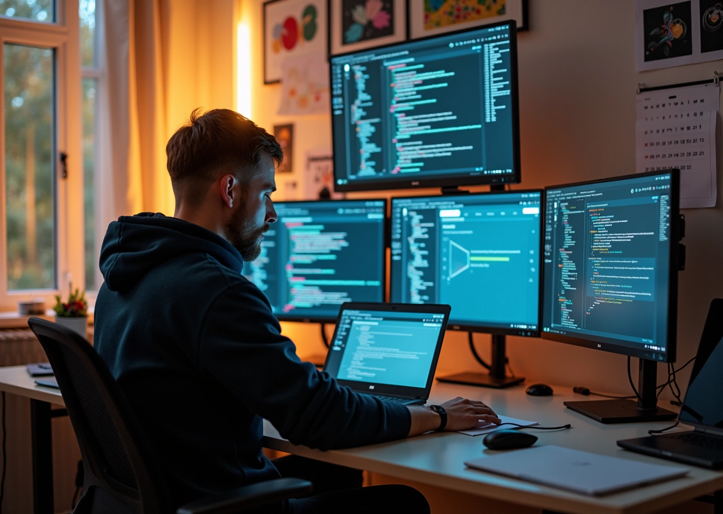 Современный рабочий стол российского IT-специалиста с ноутбуком, экранами с кодом, планами проектов и схемами стартапов